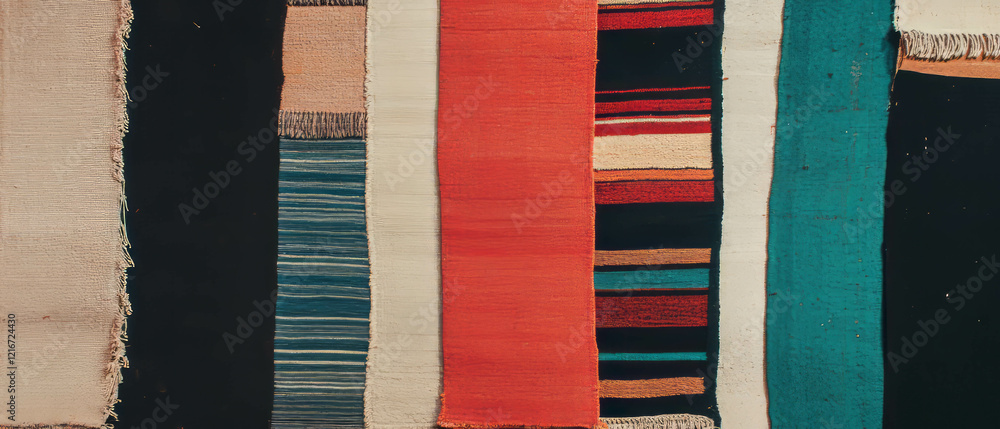 Poster runner rug showcases diverse textures and vibrant patterns in a long and narrow layout