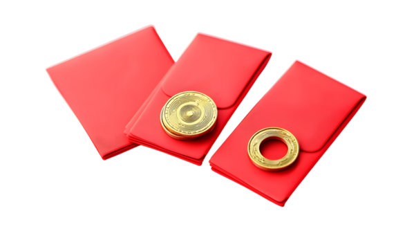 Red envelopes and coins in the white background, Spring Festival theme scene, 3d rendering.