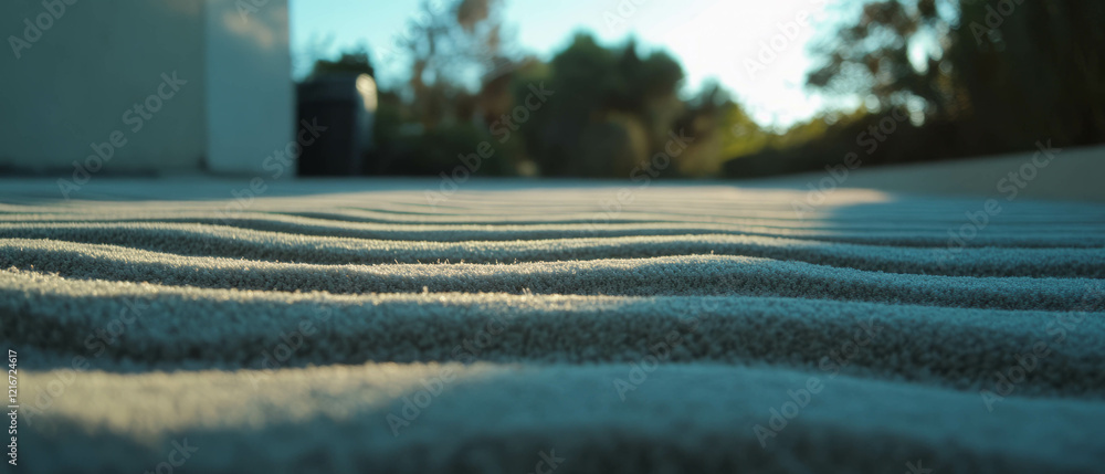 Poster sculpted rug with intricate carved patterns and varied pile heights in outdoor setting
