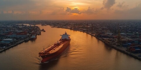 Fototapeta premium Aerial view panoramic oil tanker moving pass sea port warehouse and container ship or crane ship working for delivery containers shipment., Generative AI