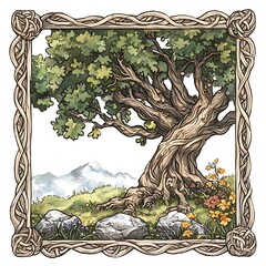Ancient Oak Tree in Celtic Knot Frame, Watercolor Illustration.