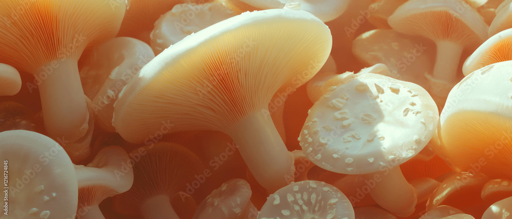 Poster Texture exploration of sliced mushrooms showcasing smooth surfaces and unique patterns