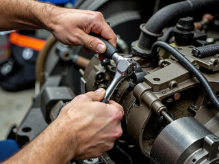 Fototapeta premium Car mechanic is holding a wrench ready to check the engine and maintenance.