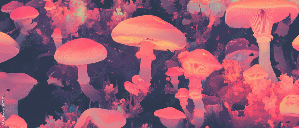 Poster Mushroom caps display varied colors and smooth textures in a lush forest environment