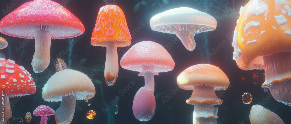 Poster colorful smooth mushroom caps display rich textures in a vibrant forest environment