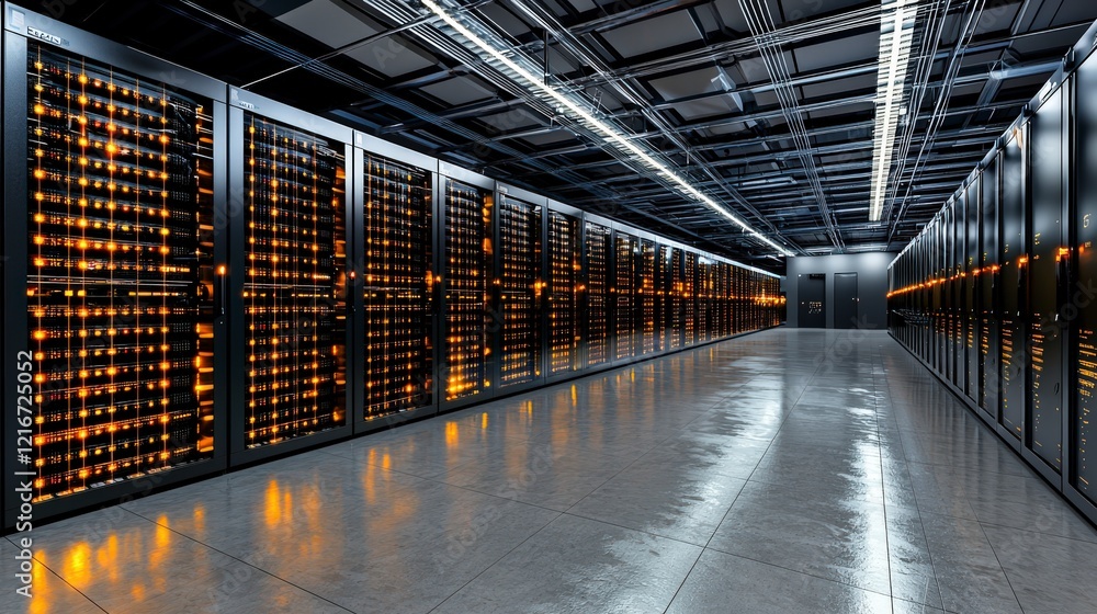 Poster futuristic data center high-tech environment with vibrant digital glow and wide-angle innovative inf