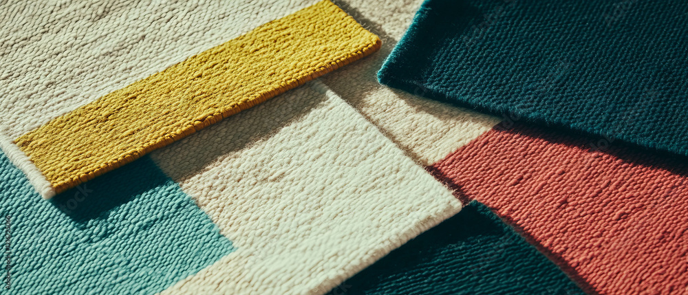 Poster exploring the varied textures and uniform colors of solid color rugs