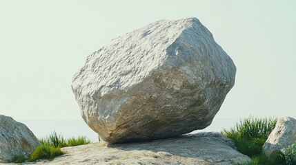 Coastal boulder precariously balanced, tranquil ocean background; nature illustration