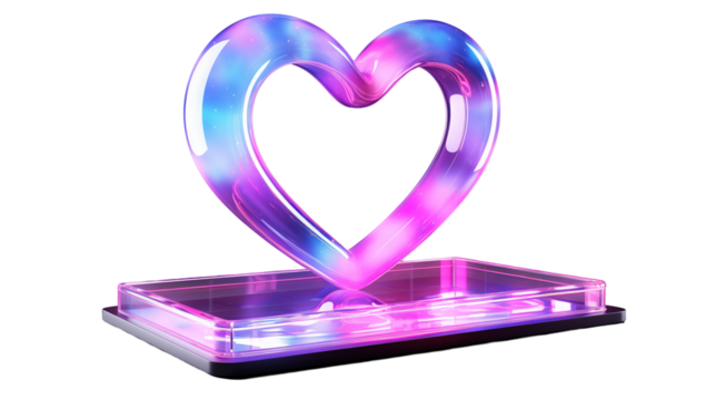 Neon glass heart sculpture glowing in purple and blue, a romantic modern Valentine�s 3D digital design, transparent background.