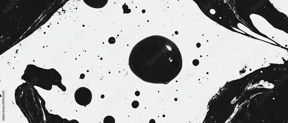 Aufkleber patterns of splattered black ink on a stark white background create an abstract texture
