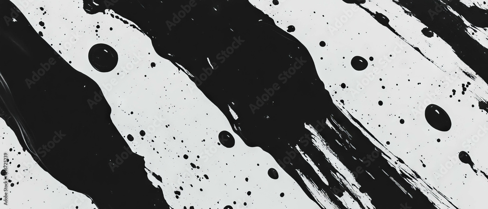 Poster black ink splatter patterns create a textured artwork on white background