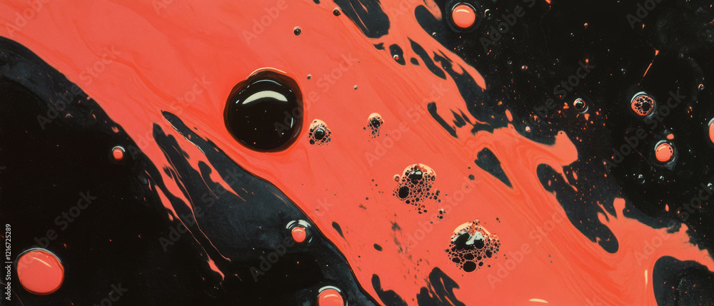Poster Bright red splattered ink patterns with random dots and dynamic textures on dark background