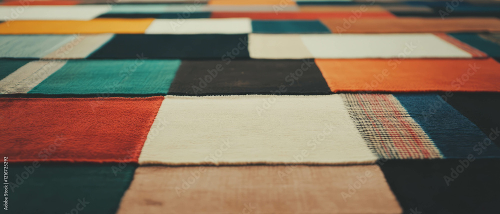 Poster vibrant square rug with varied patterns and textures in rectangular layout