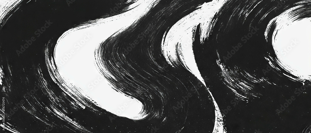Poster swirling black ink patterns create striking textures against a white background