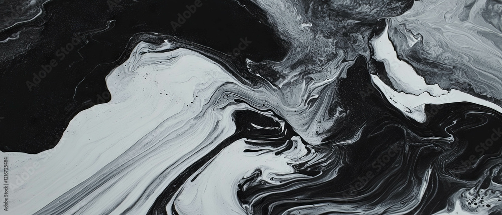 Poster swirling black ink patterns on white background showcase fluid artistic movement