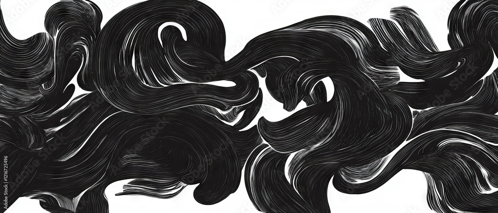 Poster swirling black ink patterns create a dynamic contrast on a white background