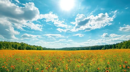 A vibrant field of sunflowers under a bright blue sky with fluffy clouds.