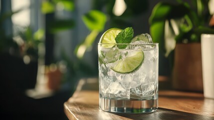 Margarita Cocktail with lime and ice on wooden table, copy space. 