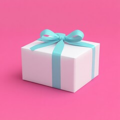 Obraz premium White gift box with blue ribbon on pink background; celebration concept