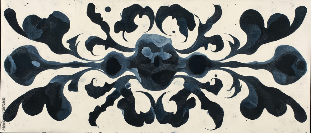 Poster exploring intricate black ink patterns with symmetrical designs on a white background