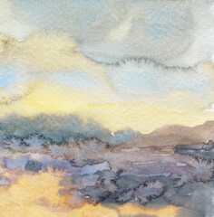 Watercolour landscape. Versatile artistic image for creative design projects: posters, banners, covers, cards, prints, wallpapers. Traditional artist-made art. Raster illustration.