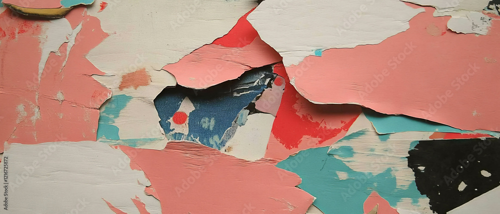 Poster textures of torn paper reveal vibrant colors and irregular edges throughout the composition