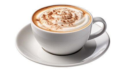 Obraz premium Creamy cappuccino coffee in a white cup, an aromatic beverage perfect for a refreshing morning boost, transparent background.