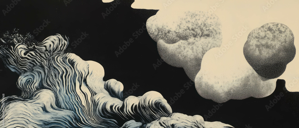 Poster exploring two-tone ink patterns with contrasting colors and varied shapes