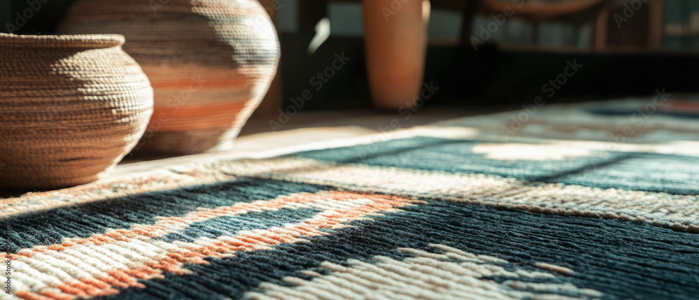 Poster contrast of two-tone rug showcasing vibrant patterns and textures in a stylish room