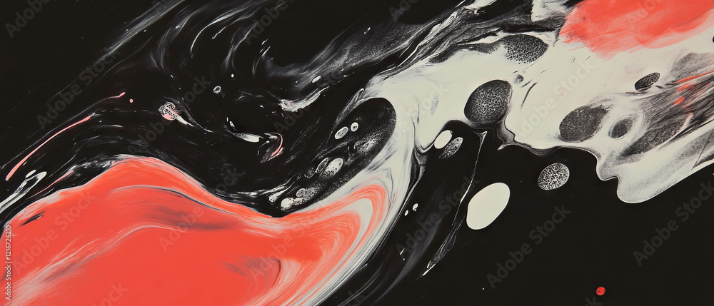 Poster intricate veined ink patterns with vibrant red shapes showcasing unique textures