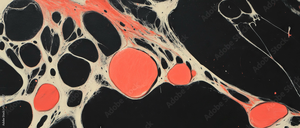 Poster Exploration of veined ink patterns with vibrant red shapes and intricate textures
