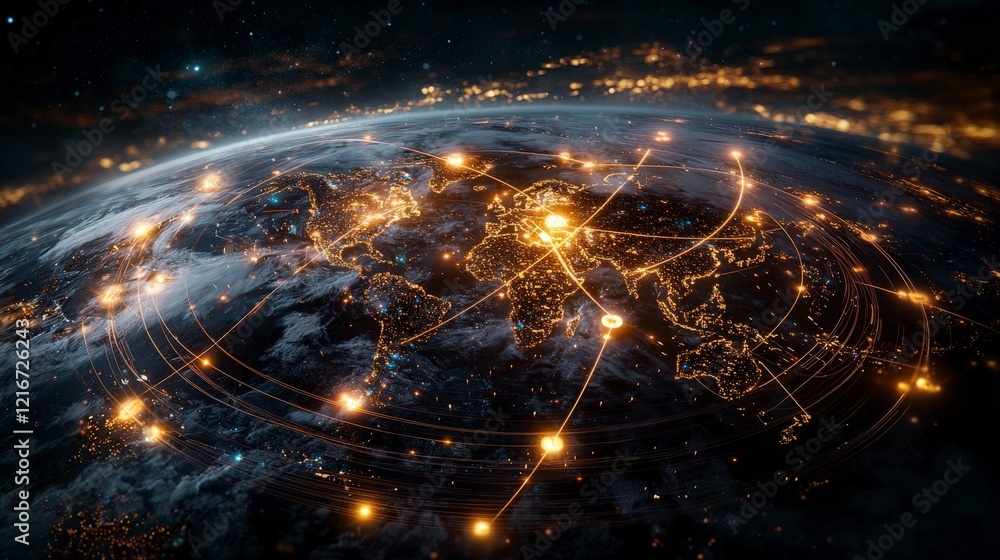 Aufkleber global strategy visualized as glowing pathways connecting continents digital art nighttime aerial vi