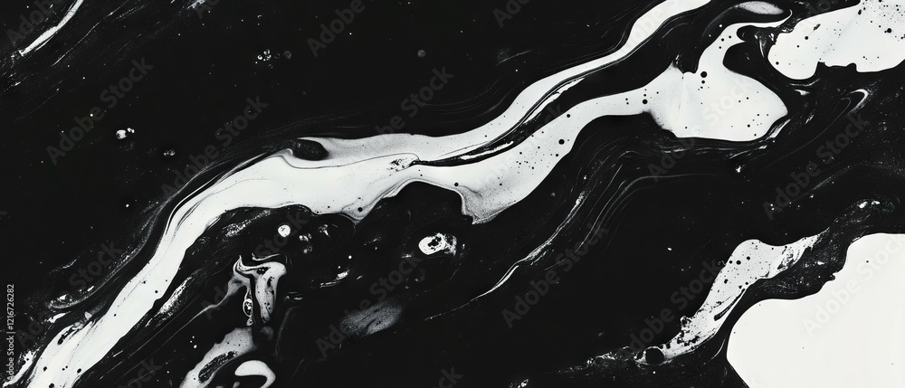 Poster washed black ink patterns with diluted shades on a white background create striking contrast