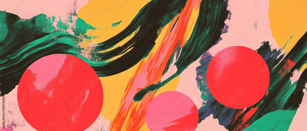 Poster Washed ink patterns feature bright red shapes and soft gradients in abstract design
