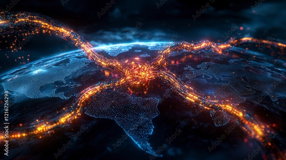 Poster Futuristic global strategy glowing pathways connecting nations in a digital aerial view of connectivity