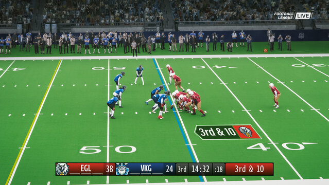 American Football TV Broadcast Screen Shot with Score Bug. Two Teams Playing in a Tournament. Teams Tackle the Ball, Throw and Score Runs During a Championship Match. Screen Replacement Mock Up