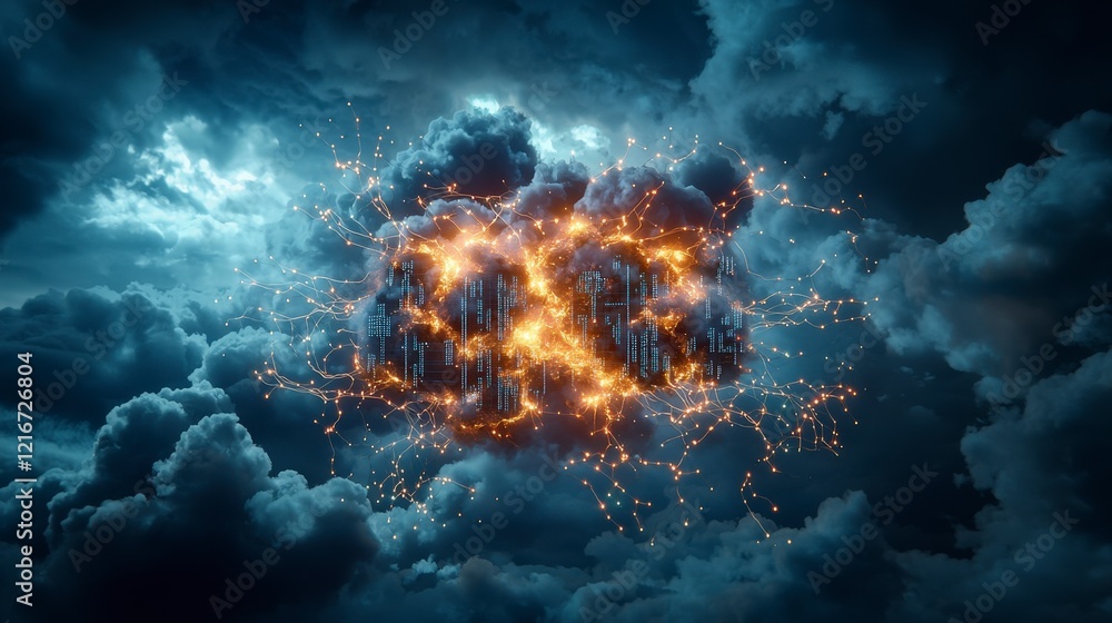 Aufkleber Dynamic cloud-based data servers illuminating the sky digital art tech environment aerial view innovative concept