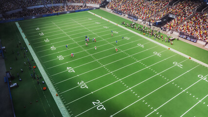 Drone Shot of Two American Football Teams Standing on the Line of Scrimmage as the Ball is Passed...