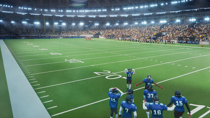 Aerial Shot with American Football Team Entering the Crowded Arena with Supporting Fans, Excited and Ready for the Match. Professional Male Athletes in Red and Blue Jerseys Compete in a Stadium
