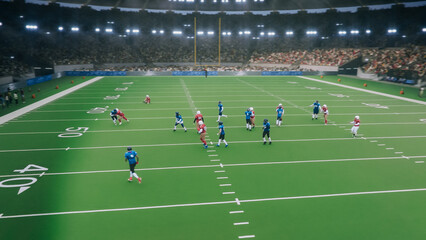 Aerial Shot with American Football Players Facing Each Other On the Field. Athletes Making Passes,...