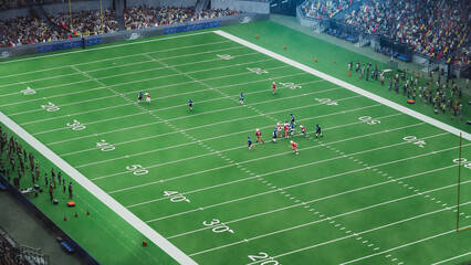 Aerial Shot of Red and Blue American Football Teams Strategically Lining Up and Facing the Opponents. Athletic Players Fight for the Ball in Front of Spectators