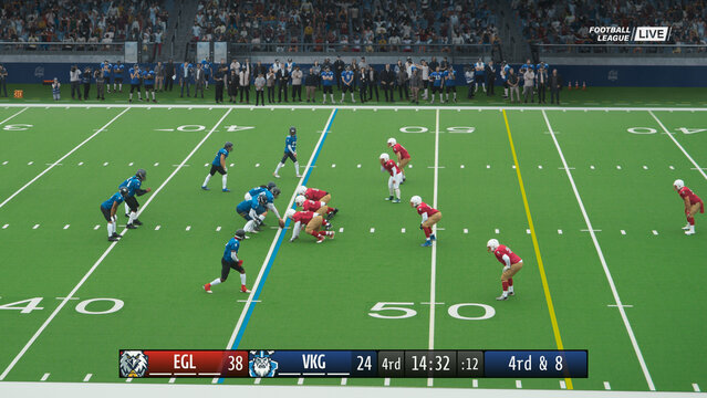 American Football TV Broadcast Screen Shot with Score Bug. Two Teams Playing in a Tournament. Teams Tackle the Ball, Throw and Score Runs During a Championship Match. Screen Replacement Mock Up - Powered by Adobe