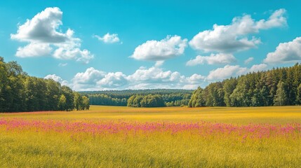 Obraz premium A vibrant landscape featuring a field of flowers under a bright blue sky with clouds.