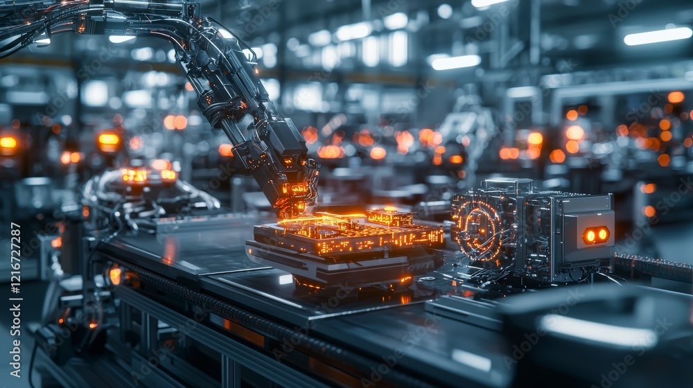 Poster Advanced automated manufacturing process utilizing glowing technologies in an industrial setting futuristic environment