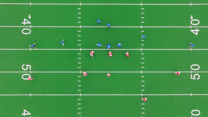 Aerial Top Down Shot of Two Diverse Athletic Teams Take Their Positions at the Start of the...