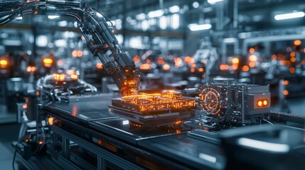 Naklejka premium Advanced automated manufacturing process utilizing glowing technologies in an industrial setting futuristic environment