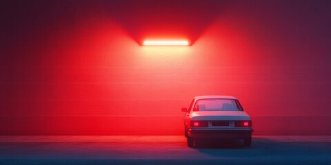 Futuristic Emergency Vehicle Light Art Neon Red Glow on Classic Car Against Minimalist Urban Wall - Dynamic Urban Design Content for Critical Response Campaigns