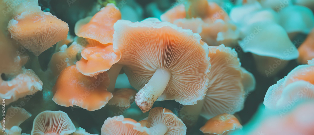 Poster colorful wrinkled mushroom caps showcase unique textures in a natural setting
