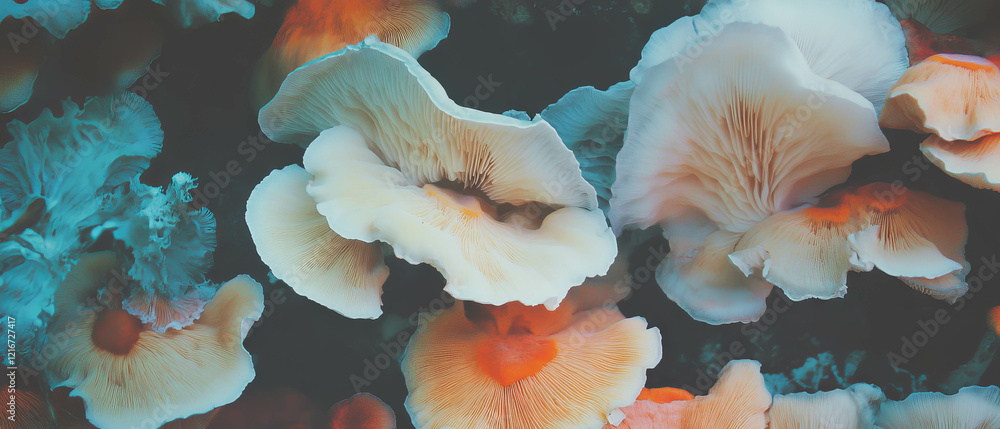 Poster exploring the intricate textures and colors of wrinkled mushroom caps in nature