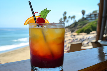 Obraz premium Refreshing Summer Cocktail in a Glass with Blue and Red Layers, Garnished with Mint, Orange Slice, and Cherry, Set on a Table Overlooking a Beautiful Beach View 